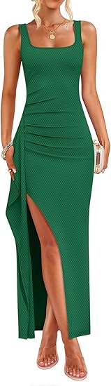 Summer Ribbed Square Neck High Split Party Bodycon Long Dress